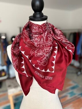 Red Silk Scarf with White Floral Design